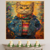 Christmas Kitten in Colorful Jacket and Scarf Adorable Holiday Cat Painting Festive Winter Lights Scene Perfect for Cozy Home Office Seasonal Gift on Ready to Hang 1.5" Thick Canvas Wrap, Floating Framed Canvas, Flat Rolled Canvas